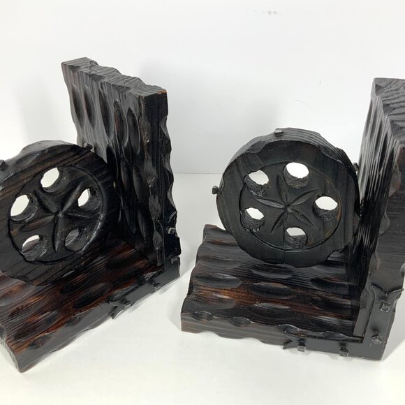 Mid Century Brutalist Style Bookends Industrial Pulley Wood & Iron Made in Spain - Picture 1 of 10